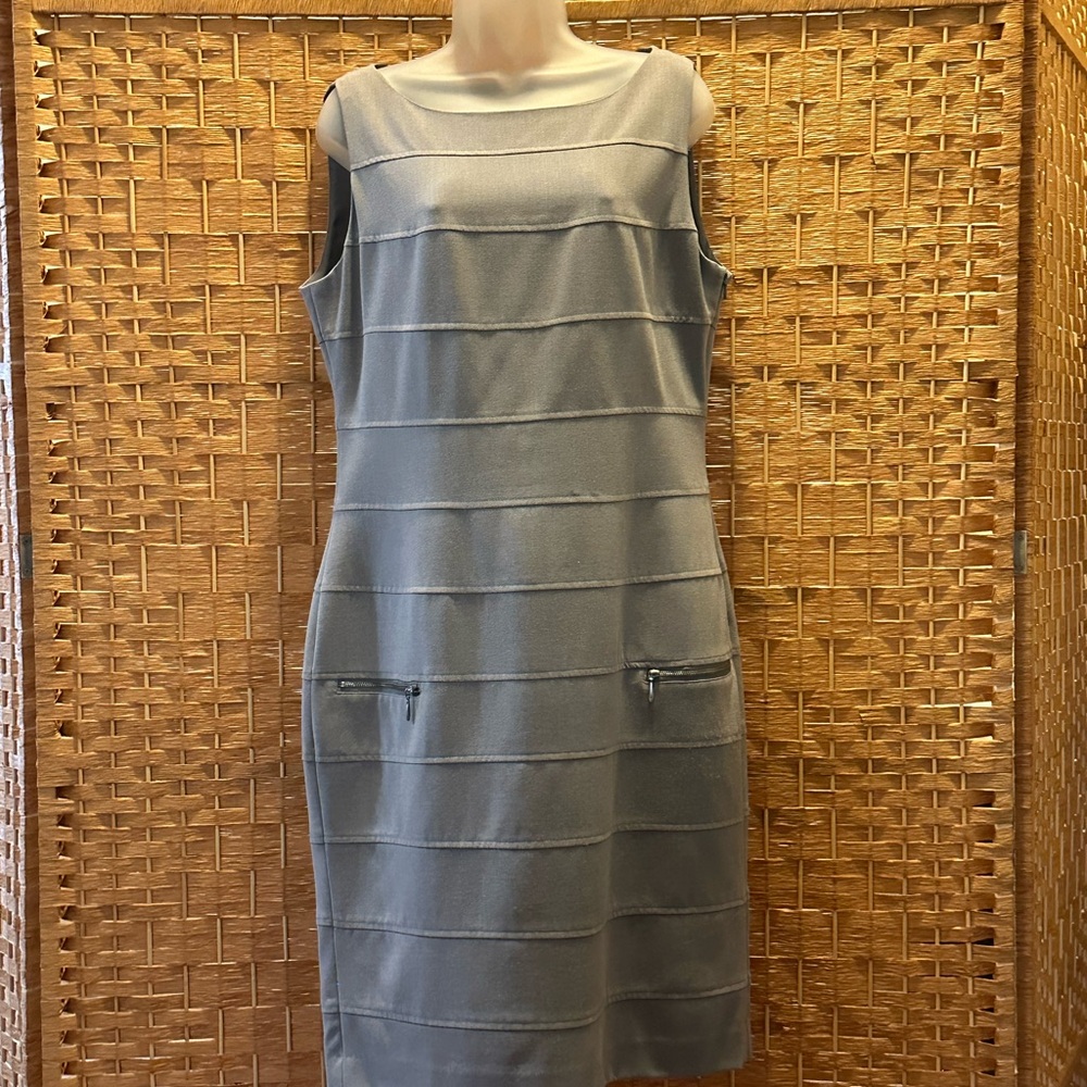 Sharagano Gray Sheath Midi Dress Sleeveless Crew Neck